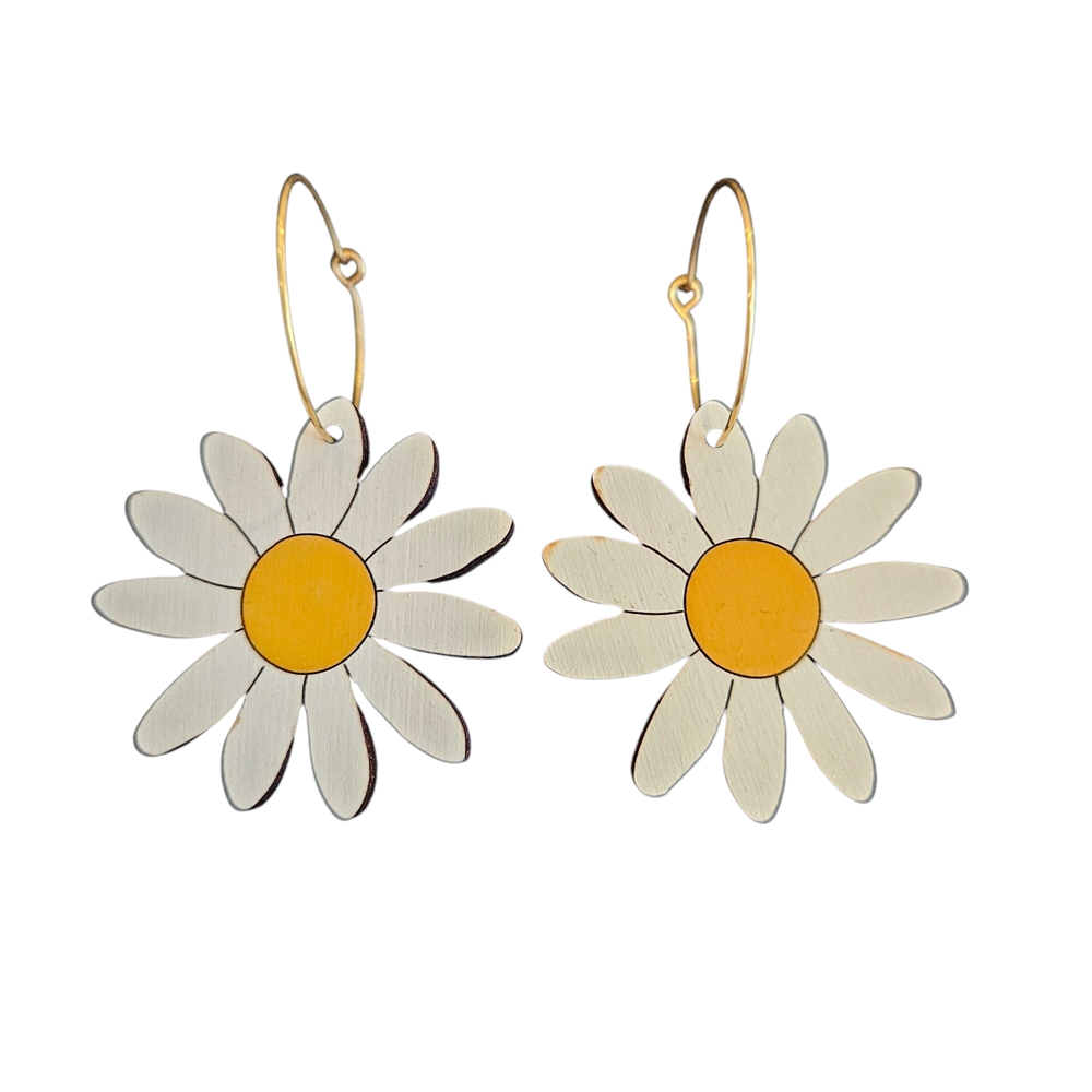 Vintage Handpainted White and Yellow Daisy Dangle Earrings - 2.5 Inch Drop